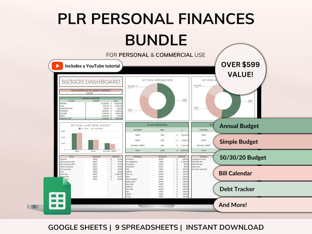 PLR Budget Spreadsheet Bundle | Commercial Use Google Sheets Templates | Debt Tracker, Bill Calendar & Finance Planner