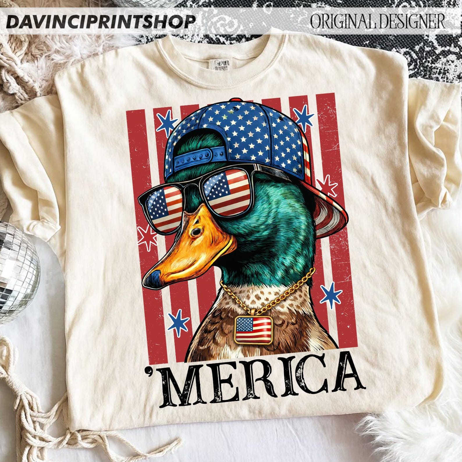 4th of July Mallard Duck Boy PNG | Funny Patriotic Duck Sublimation Design | USA Red White Blue Shirt PNG Download