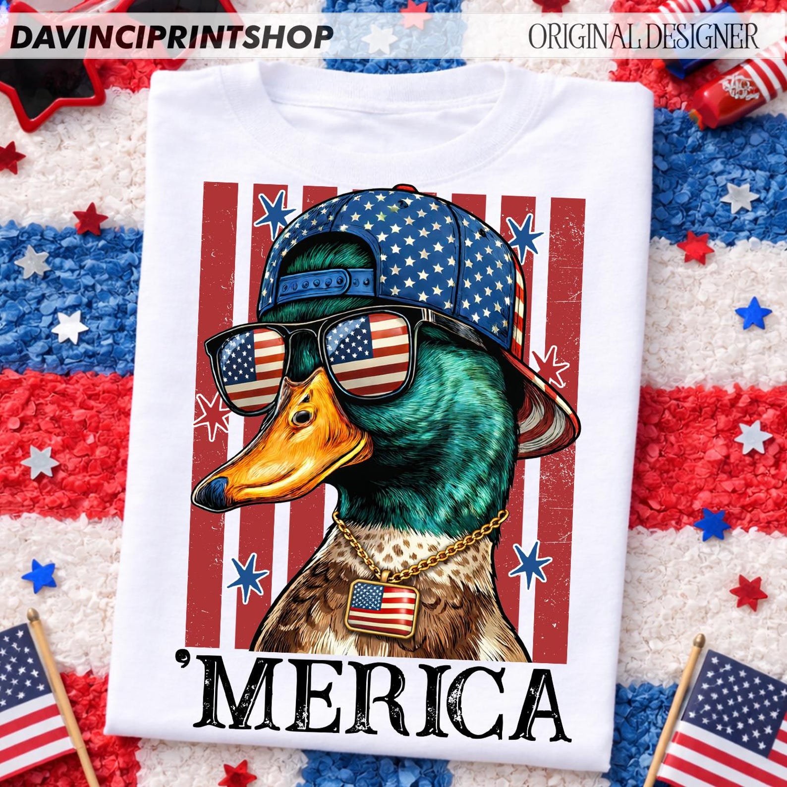 4th of July Mallard Duck Boy PNG | Funny Patriotic Duck Sublimation Design | USA Red White Blue Shirt PNG Download