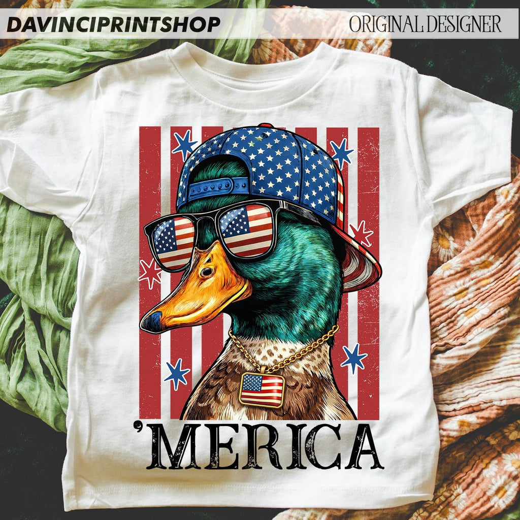 4th of July Mallard Duck Boy PNG | Funny Patriotic Duck Sublimation Design | USA Red White Blue Shirt PNG Download