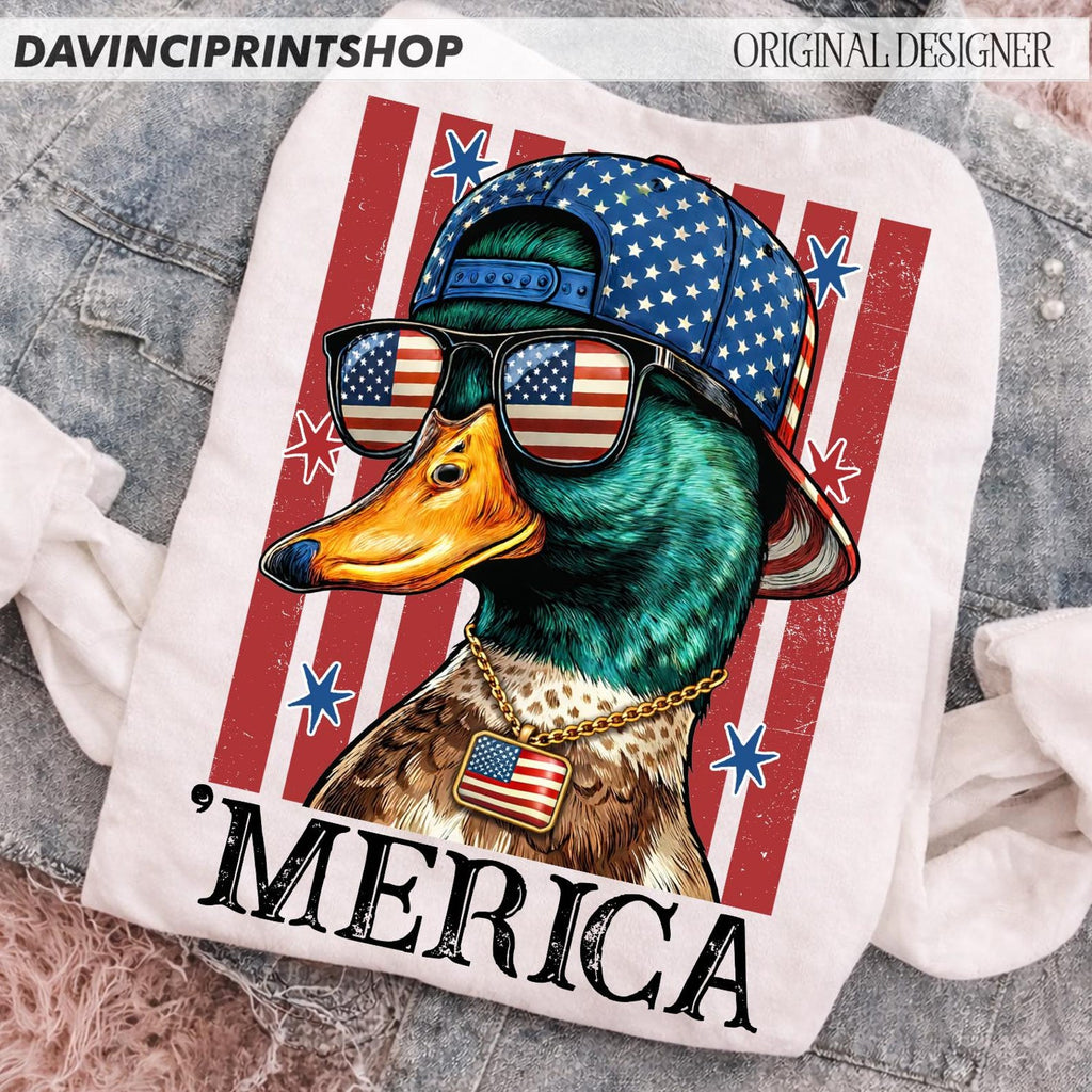 4th of July Mallard Duck Boy PNG | Funny Patriotic Duck Sublimation Design | USA Red White Blue Shirt PNG Download